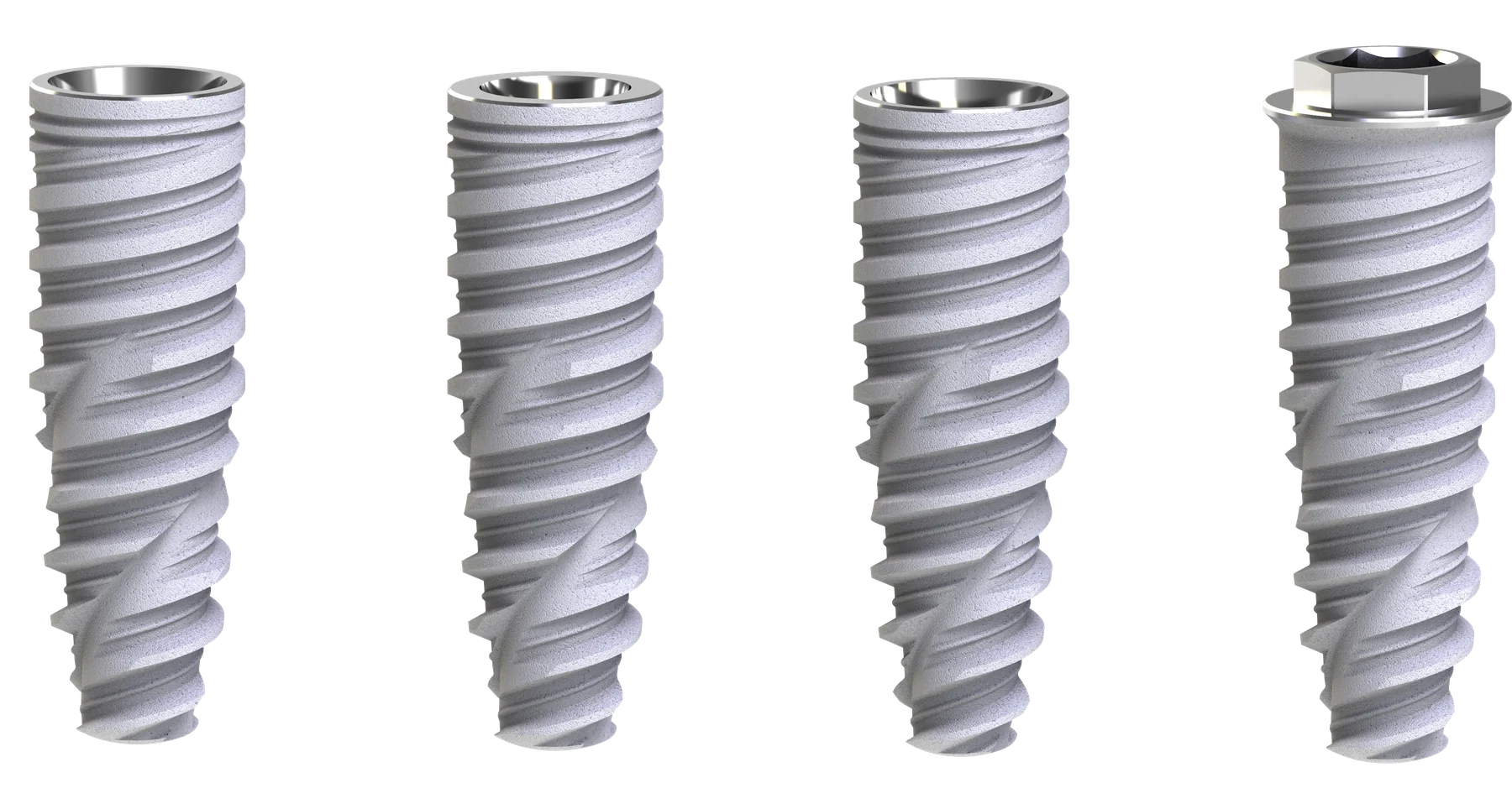 Quatro implantes da Linha Flex Gold em fundo azul-noite